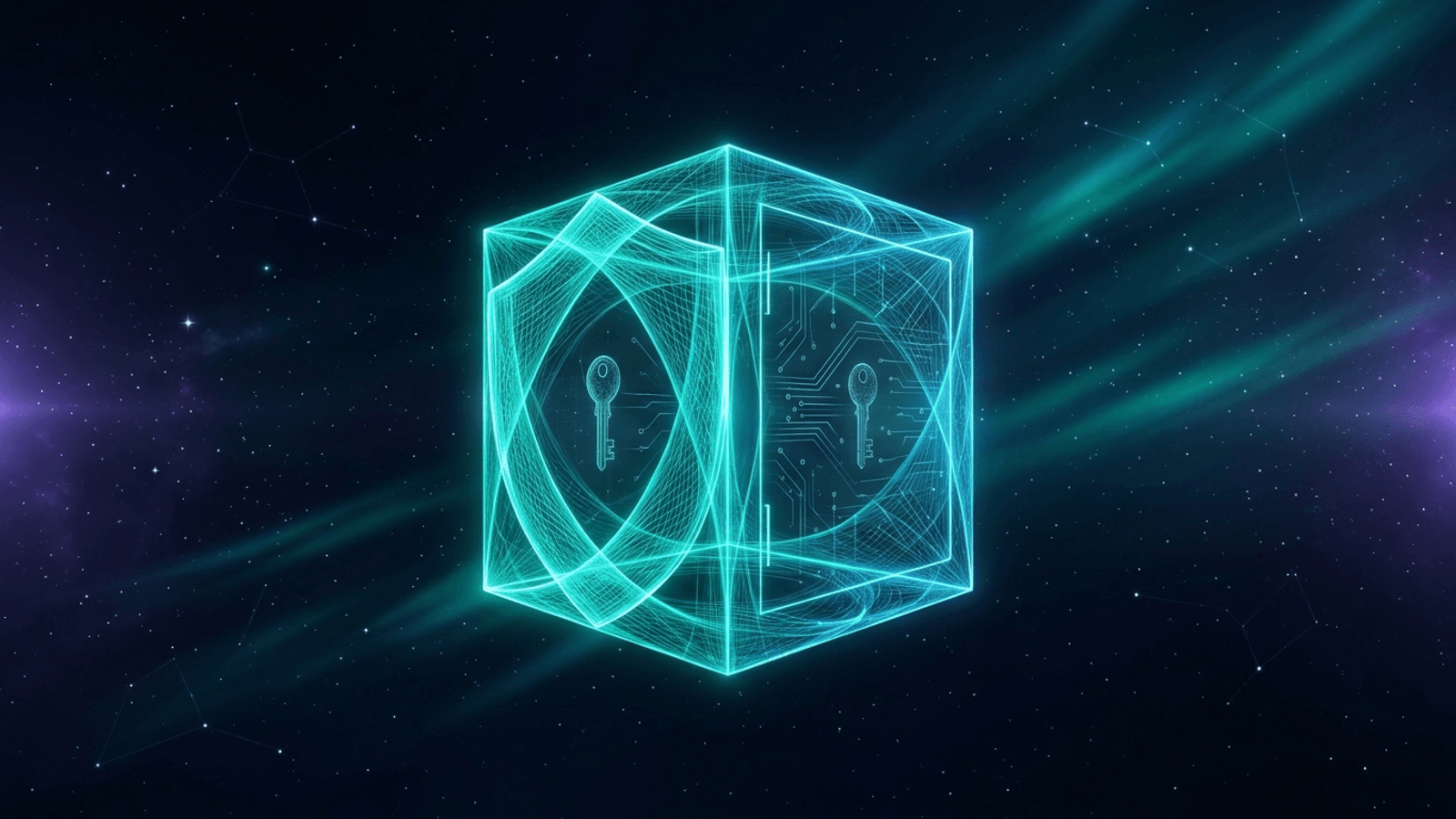 Abstract digital asset vault — a glowing secure vault surrounded by cryptocurrency icons and a teal-to-violet nebula gradient, symbolizing confidential crypto security consulting.